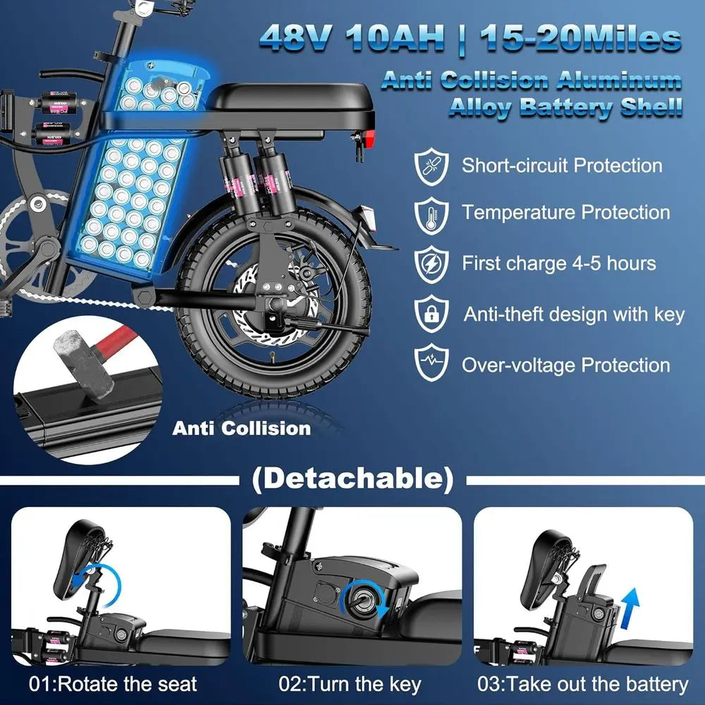 24MPH 48V Adult Electric Bike, 14 Commuter with Removable Battery, 10 Shocks, Dual Disc Brakes