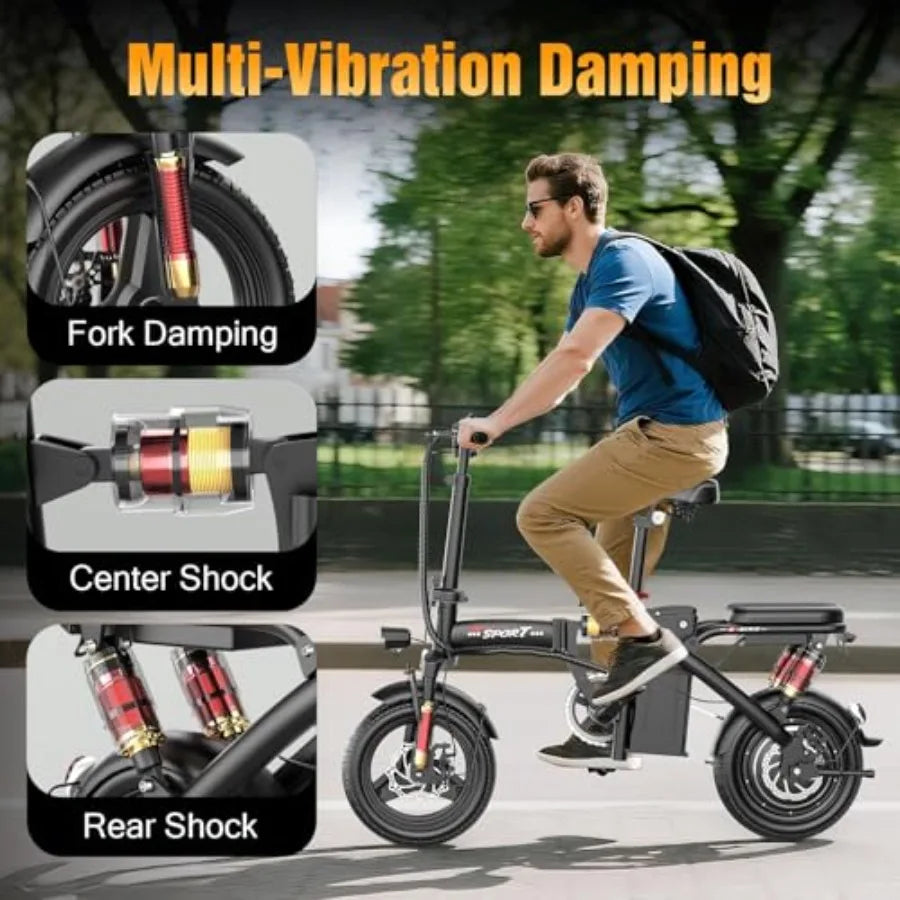 Foldable Electric Bike for Adults Teens 1200W Peak Motor Up to 25 MPH 45 Miles PAS Range Dual Suspension 14 Tires 3-Speed Modes