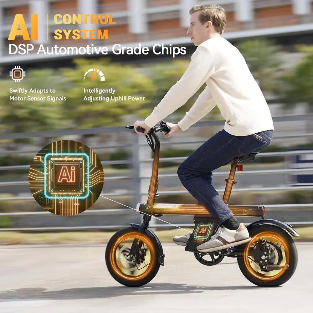 Compact Adult Electric Bike, 750W Peak Power, 36V 7.8Ah Battery, 15 Miles Range, 14 Wheel for Commuting