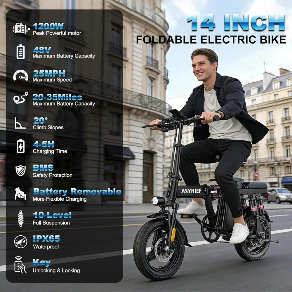 24MPH 48V Adult Electric Bike, 14 Commuter with Removable Battery, 10 Shocks, Dual Disc Brakes