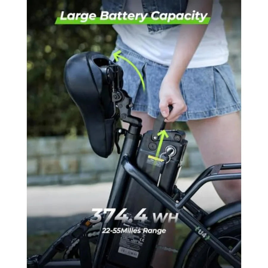 U4 16 Folding Electric Bike for Adults with Suspension 10.4Ah Battery 500W Motor 19mph Top Speed Step-Through Frame Black Compa
