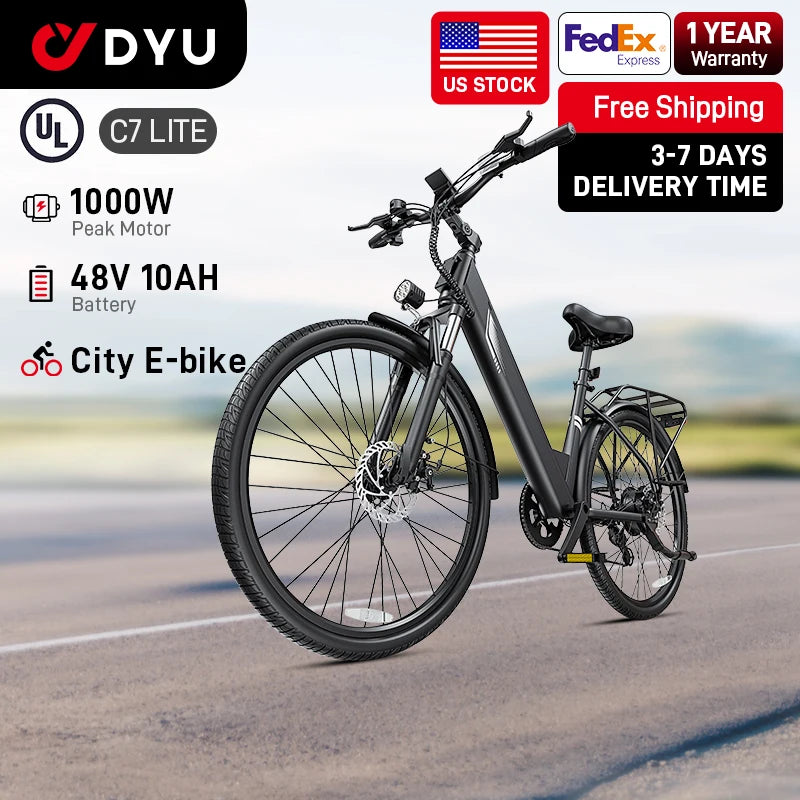 【1 Year Warranty】DYU C7 Electric Bicycle Peak 1000W Motor 480WH Lithium Battery Electric Bike 26 Inch city E bike，UL2849