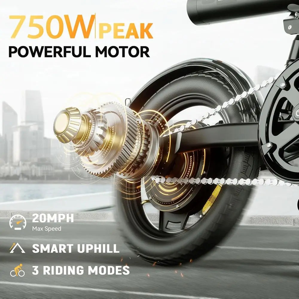 Compact Adult Electric Bike, 750W Peak Power, 36V 7.8Ah Battery, 15 Miles Range, 14 Wheel for Commuting