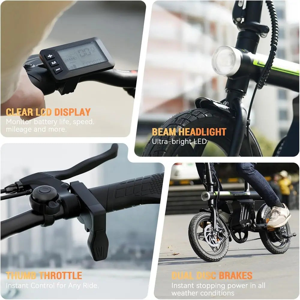Compact Adult Electric Bike, 750W Peak Power, 36V 7.8Ah Battery, 15 Miles Range, 14 Wheel for Commuting