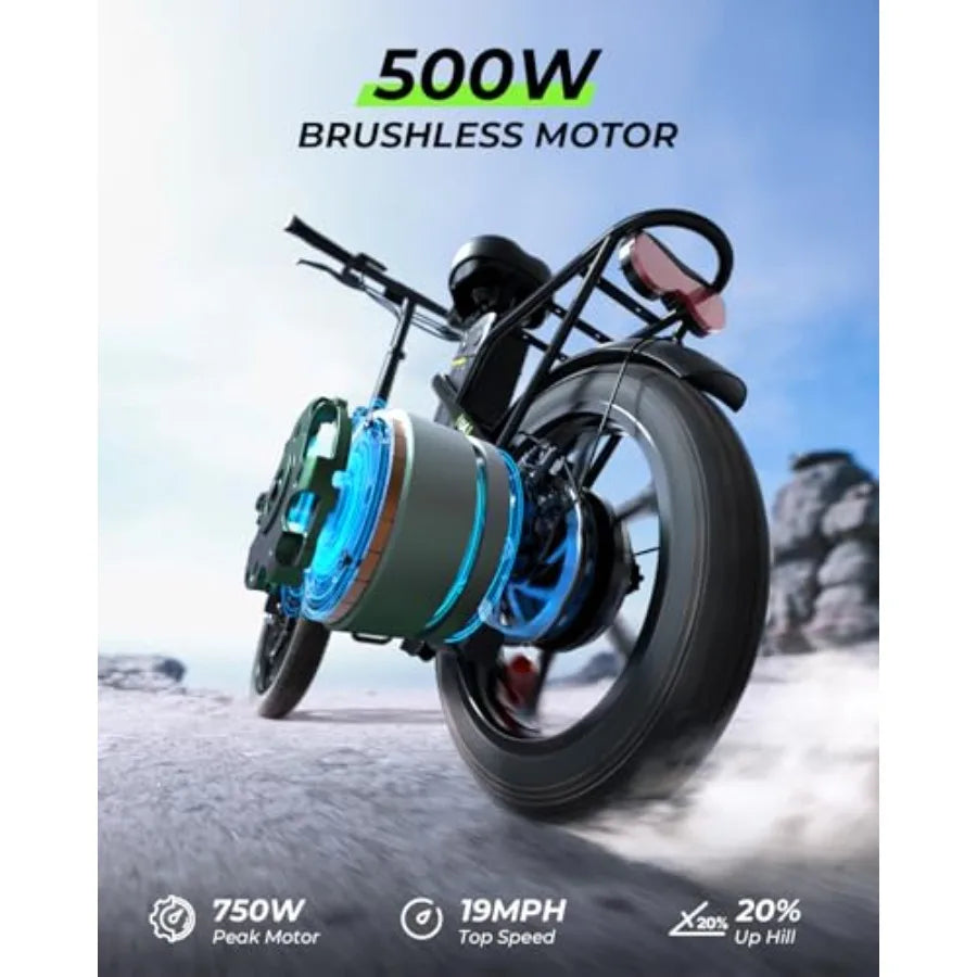 U4 16 Folding Electric Bike for Adults with Suspension 10.4Ah Battery 500W Motor 19mph Top Speed Step-Through Frame Black Compa