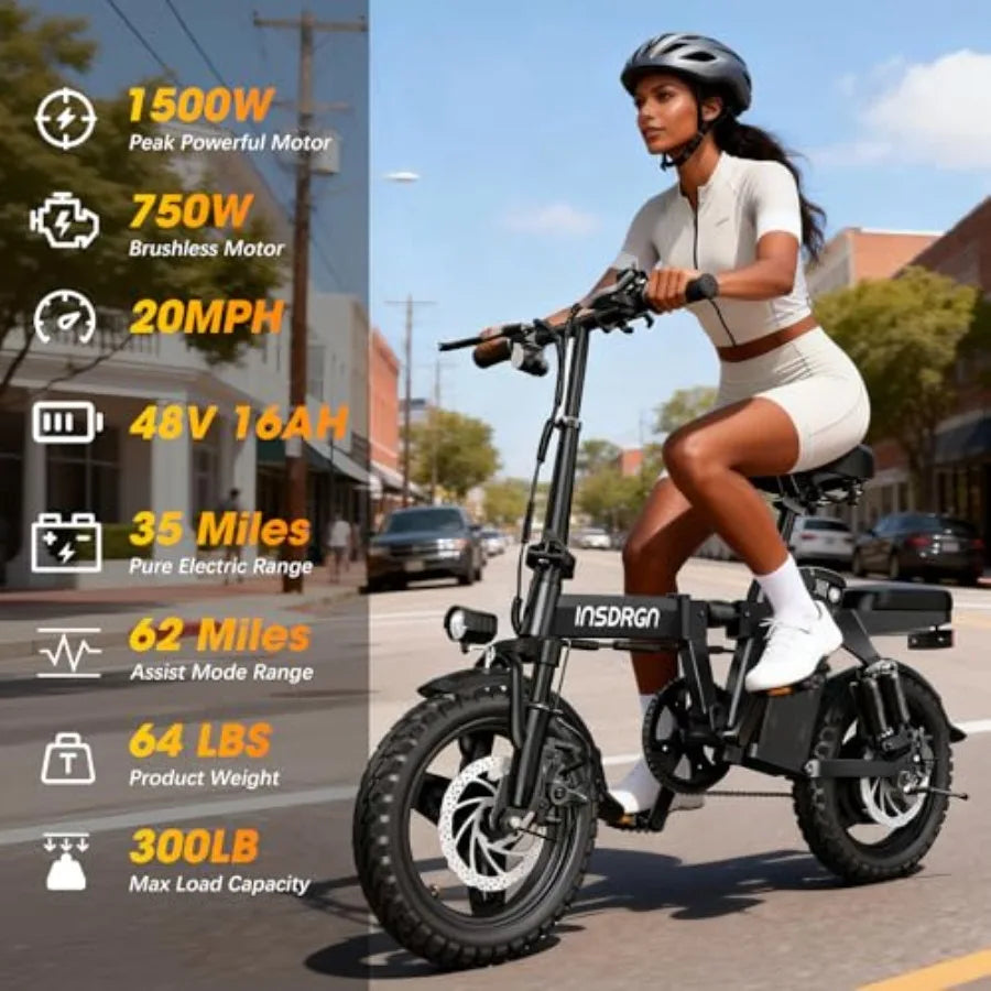 14 Folding Electric Bike for Adults with 1500W Motor 20MPH Max Speed 48V 16Ah Removable Battery 35/62 Miles Max Range UL 2849 C