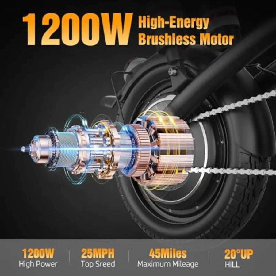 Foldable Electric Bike for Adults Teens 1200W Peak Motor Up to 25 MPH 45 Miles PAS Range Dual Suspension 14 Tires 3-Speed Modes