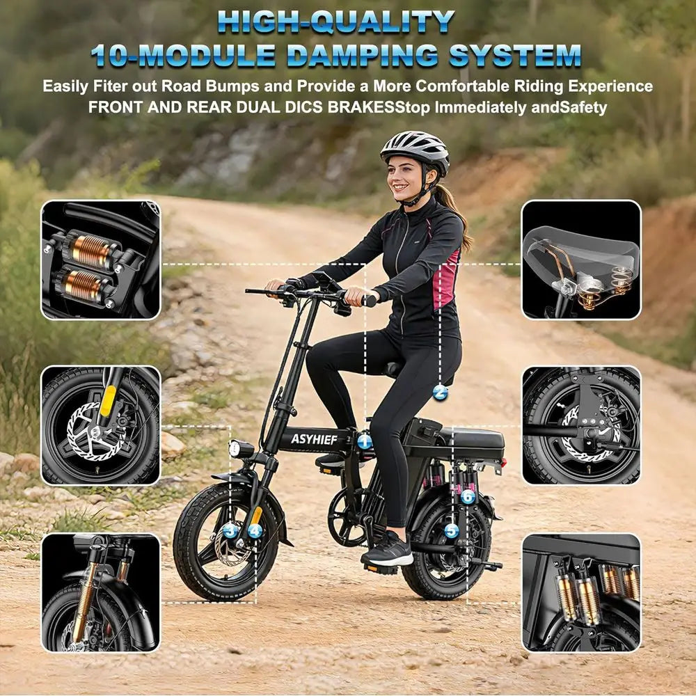 24MPH 48V Adult Electric Bike, 14 Commuter with Removable Battery, 10 Shocks, Dual Disc Brakes