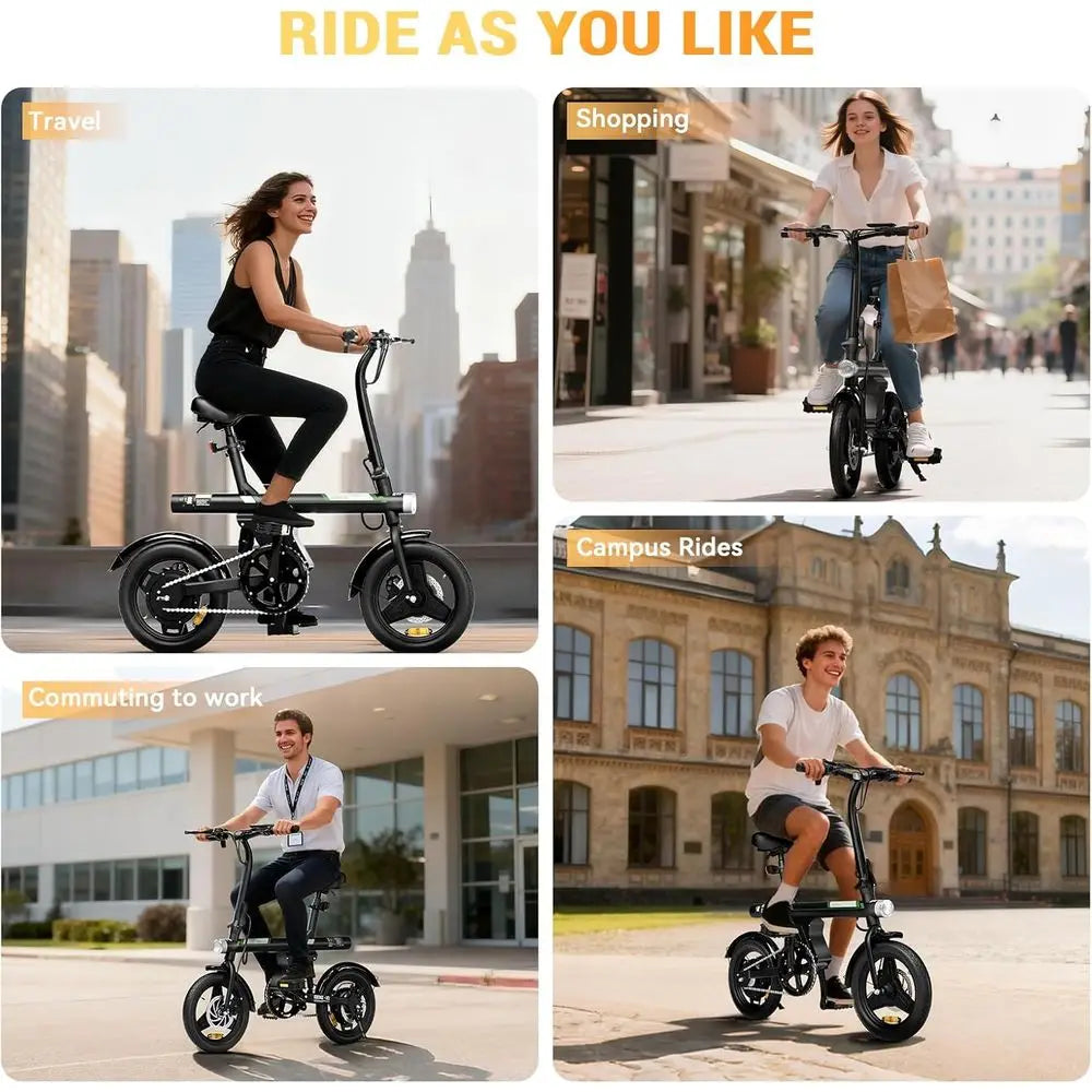 Compact Adult Electric Bike, 750W Peak Power, 36V 7.8Ah Battery, 15 Miles Range, 14 Wheel for Commuting