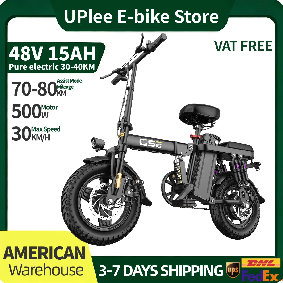 UPlee GS5 500W electric bike adults 48V 15AH battery 30KM/H 70-80km Assist Mode mileage Electric Bike 14inch foldable e Bike