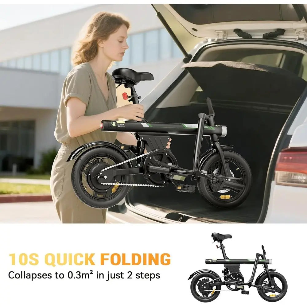 Compact Adult Electric Bike, 750W Peak Power, 36V 7.8Ah Battery, 15 Miles Range, 14 Wheel for Commuting