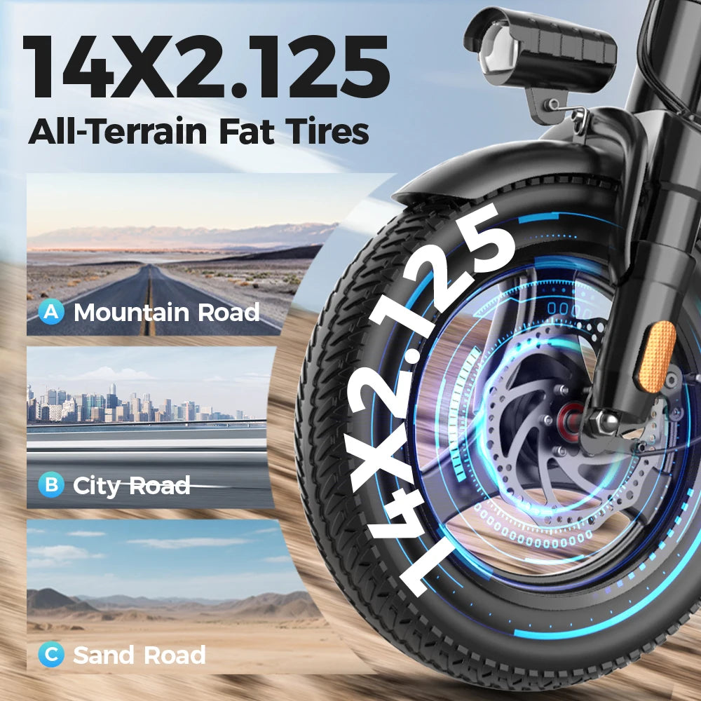 14-inch electric bike easy to fold adult commuter electric bike, 500W motor, removable battery, 20-mile maximum range