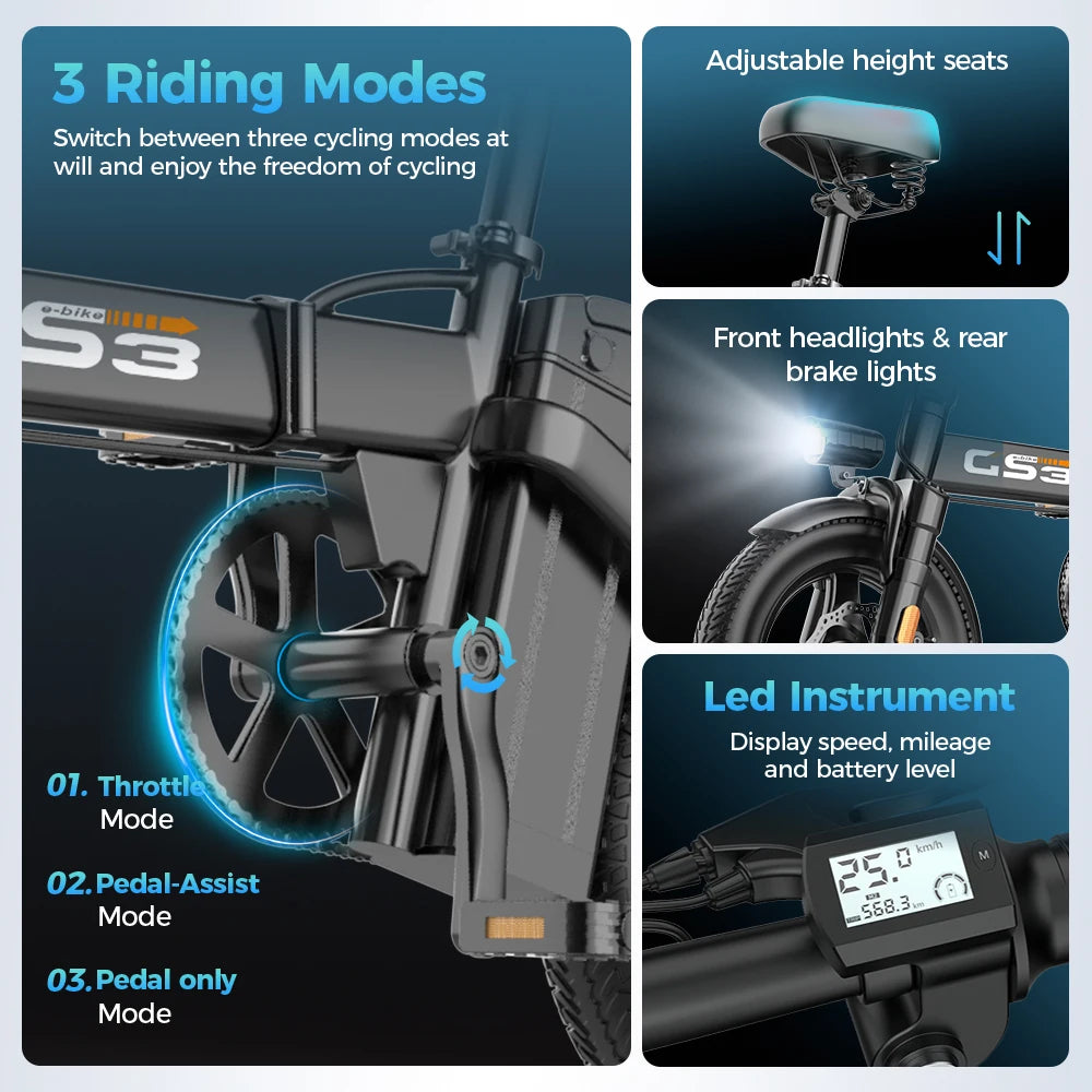 14-inch electric bike easy to fold adult commuter electric bike, 500W motor, removable battery, 20-mile maximum range