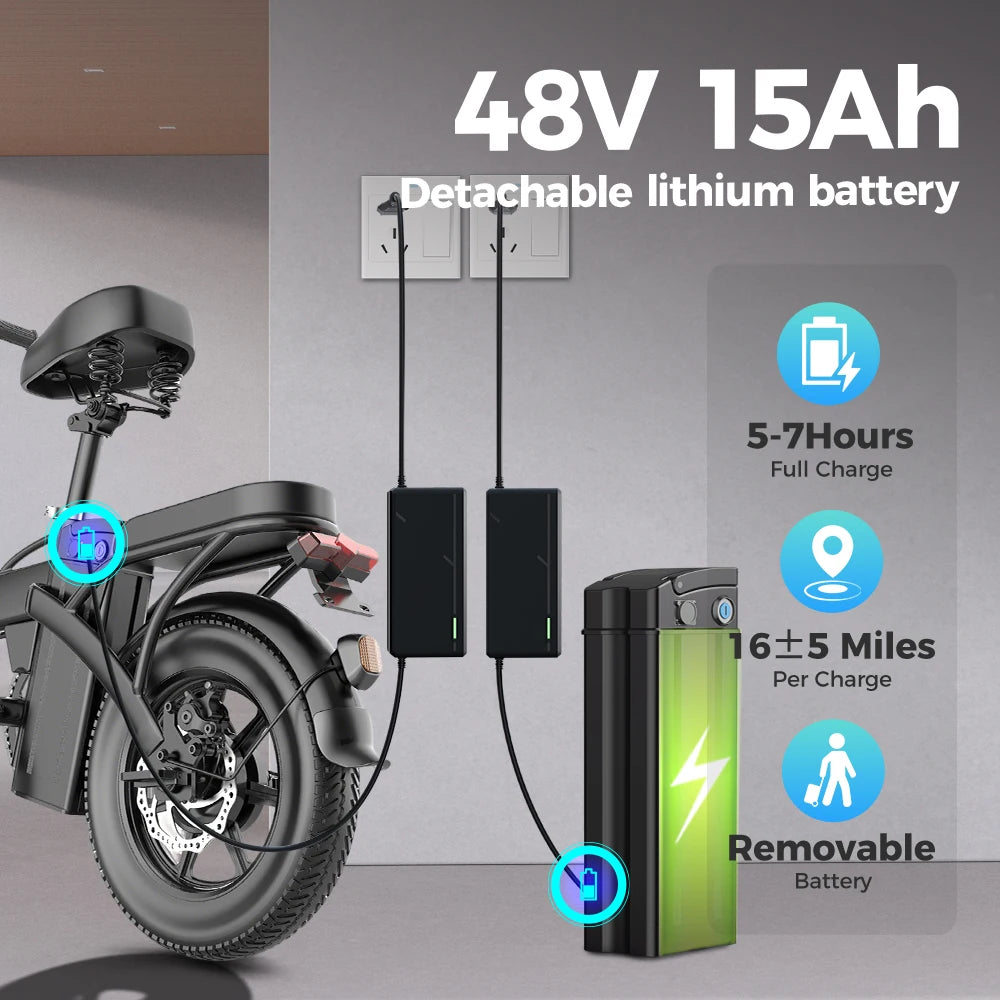 14-inch electric bike easy to fold adult commuter electric bike, 500W motor, removable battery, 20-mile maximum range
